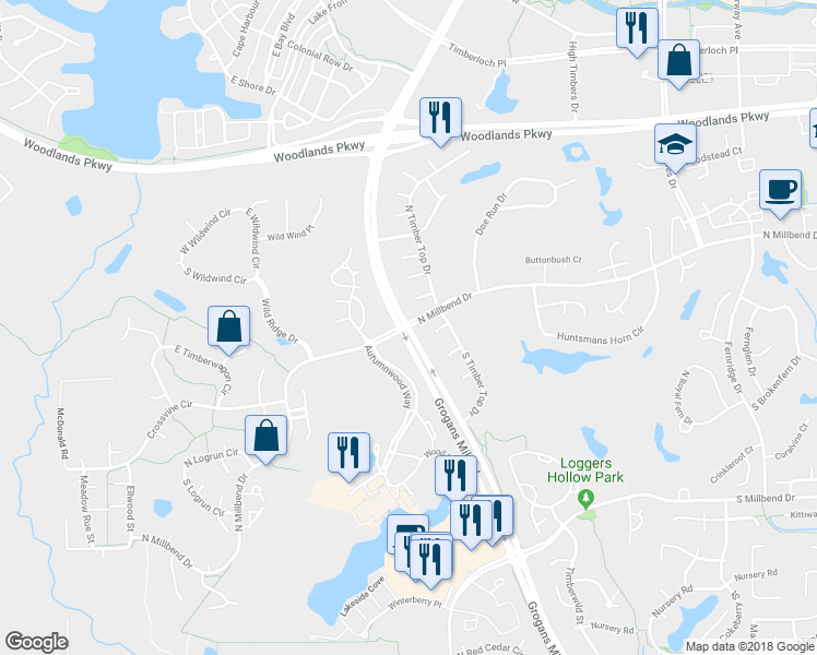 map of restaurants, bars, coffee shops, grocery stores, and more near 2295 North Millbend Drive in The Woodlands