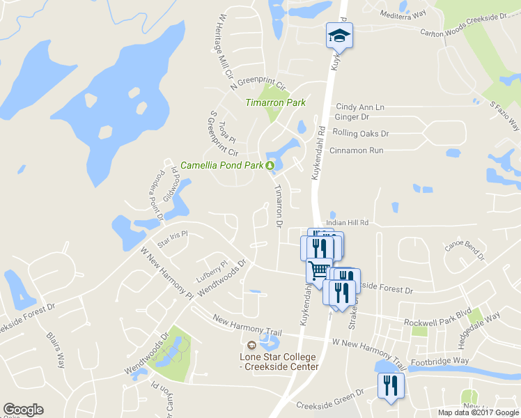 map of restaurants, bars, coffee shops, grocery stores, and more near 63 Twin Ponds Place in Tomball