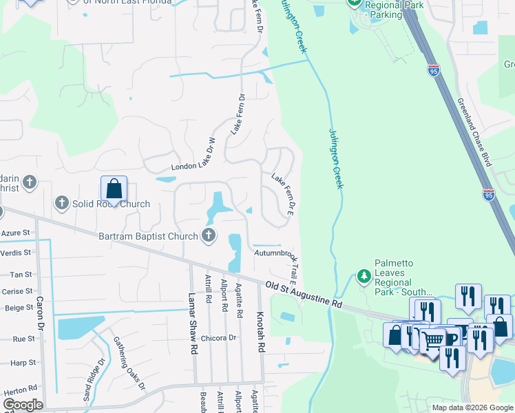 map of restaurants, bars, coffee shops, grocery stores, and more near 12341 Autumnbrook Trail North in Jacksonville