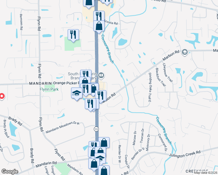 map of restaurants, bars, coffee shops, grocery stores, and more near 12173-12195 San Jose Blvd in Jacksonville