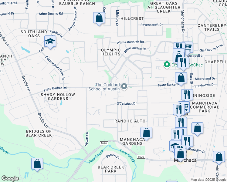 map of restaurants, bars, coffee shops, grocery stores, and more near 12006 Rancho Alto Road in Austin