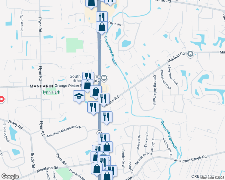 map of restaurants, bars, coffee shops, grocery stores, and more near 12173-12195 San Jose Blvd in Jacksonville