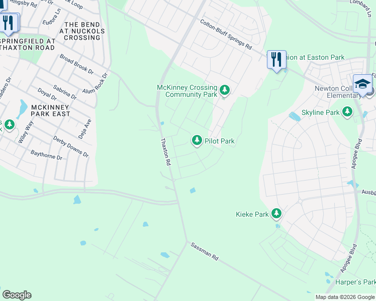 map of restaurants, bars, coffee shops, grocery stores, and more near 8321 Thaxton Road in Austin