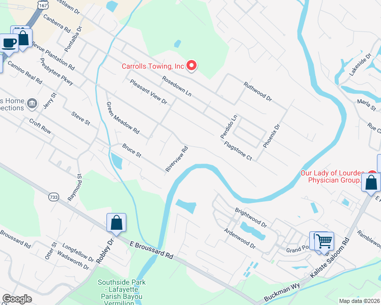 map of restaurants, bars, coffee shops, grocery stores, and more near 900 Bellevue Plantation Road in Lafayette