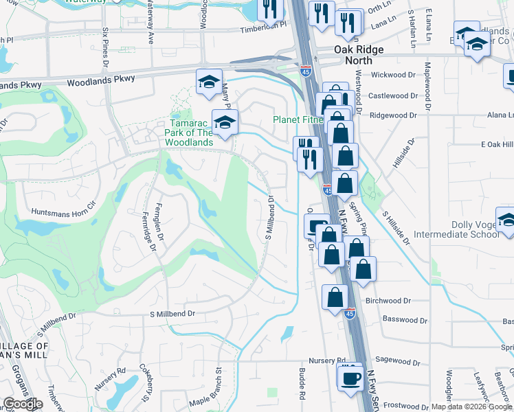 map of restaurants, bars, coffee shops, grocery stores, and more near 45 Rolling Links Court in Spring