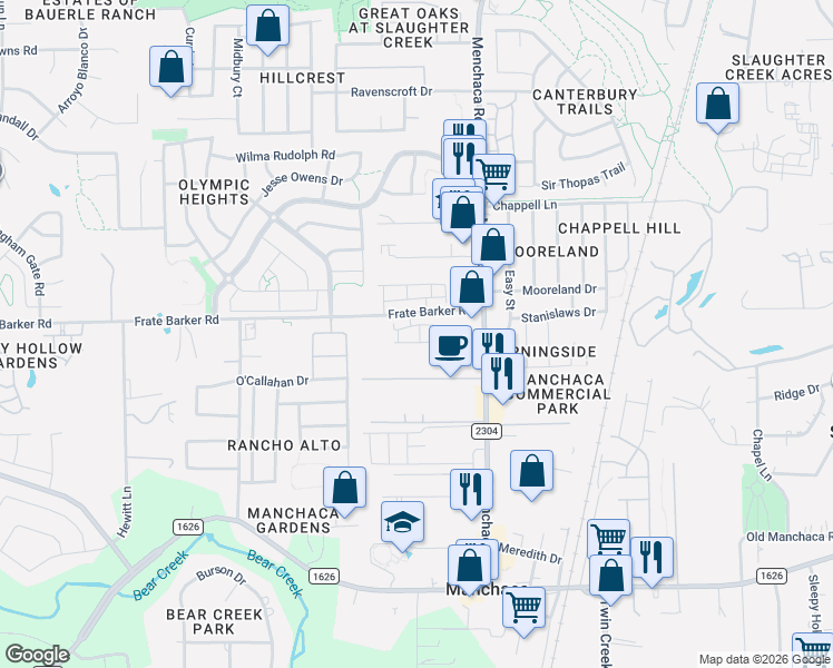 map of restaurants, bars, coffee shops, grocery stores, and more near 1505 Bedlington Lane in Austin