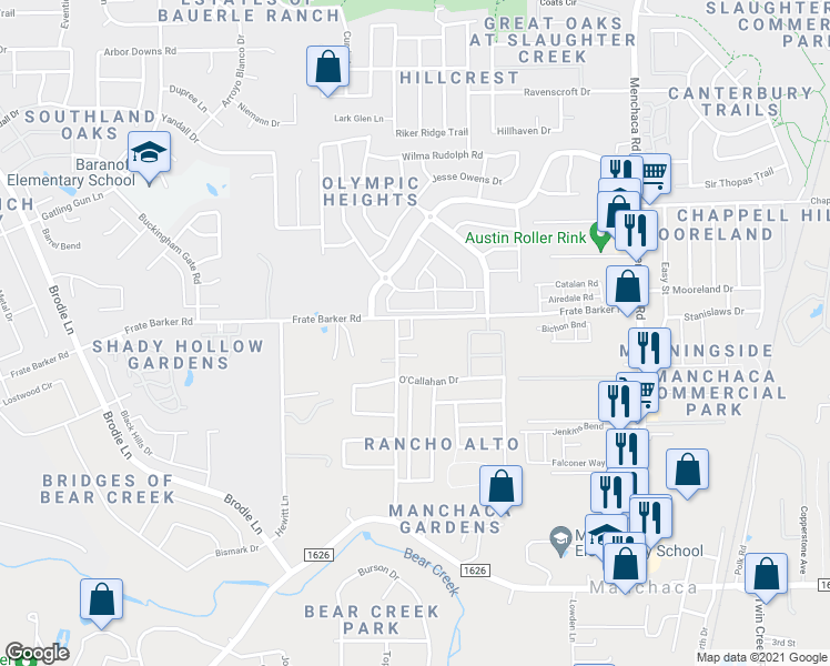 map of restaurants, bars, coffee shops, grocery stores, and more near 2111 Frate Barker Road in Austin