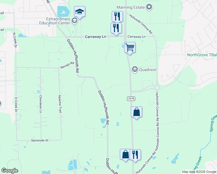 map of restaurants, bars, coffee shops, grocery stores, and more near 26818 Dobbin-Huffsmith Road in Magnolia