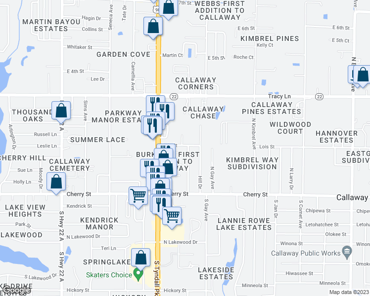 map of restaurants, bars, coffee shops, grocery stores, and more near 179 North Anita Drive in Panama City