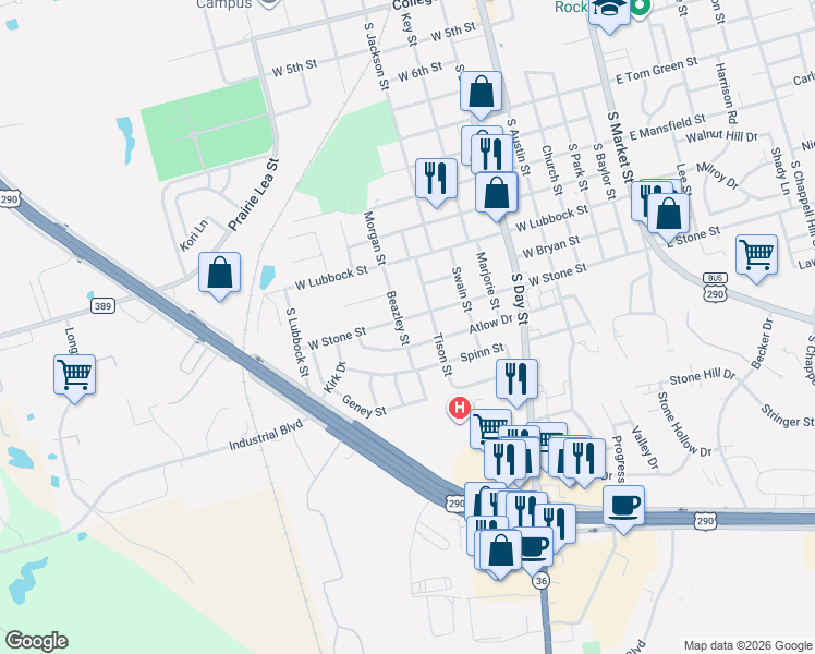 map of restaurants, bars, coffee shops, grocery stores, and more near 703 Atlow Drive in Brenham