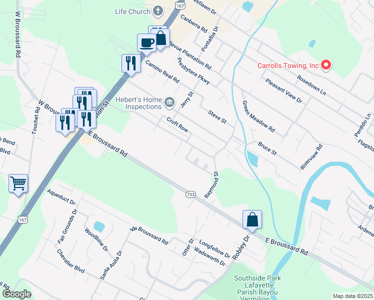 map of restaurants, bars, coffee shops, grocery stores, and more near 107 Fyvie Lane in Lafayette