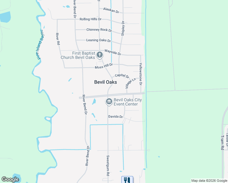map of restaurants, bars, coffee shops, grocery stores, and more near 13470 River Oaks Drive in Beaumont