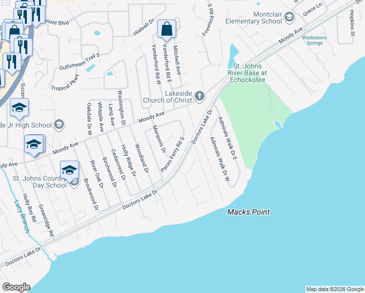 map of restaurants, bars, coffee shops, grocery stores, and more near 1725 Howard Court in Orange Park