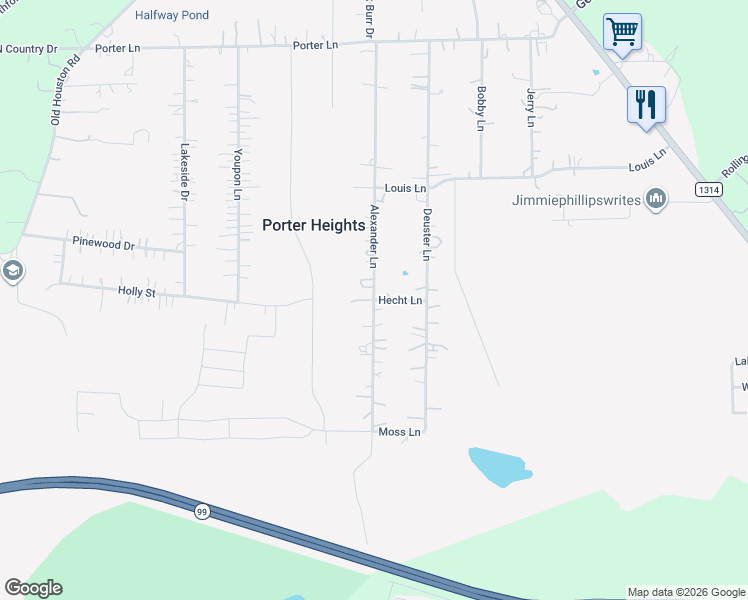 map of restaurants, bars, coffee shops, grocery stores, and more near Alexander Lane in Porter