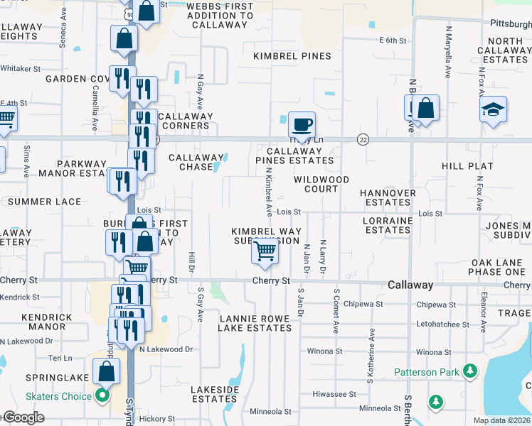 map of restaurants, bars, coffee shops, grocery stores, and more near 176 North Kimbrel Avenue in Callaway