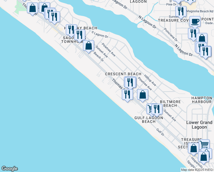 map of restaurants, bars, coffee shops, grocery stores, and more near 6017 Gulf Drive in Panama City
