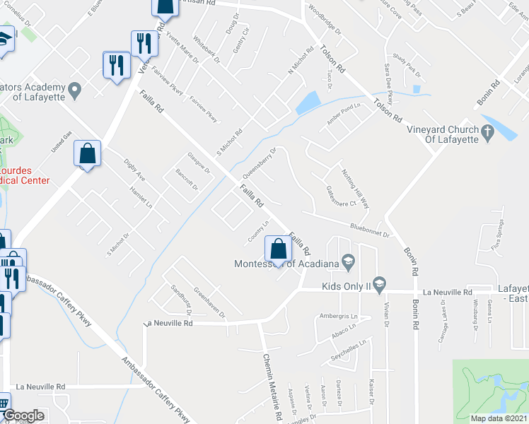 map of restaurants, bars, coffee shops, grocery stores, and more near 108 Country Lane in Lafayette