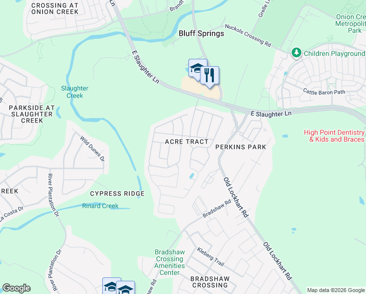 map of restaurants, bars, coffee shops, grocery stores, and more near 1601 East Slaughter Lane in Austin
