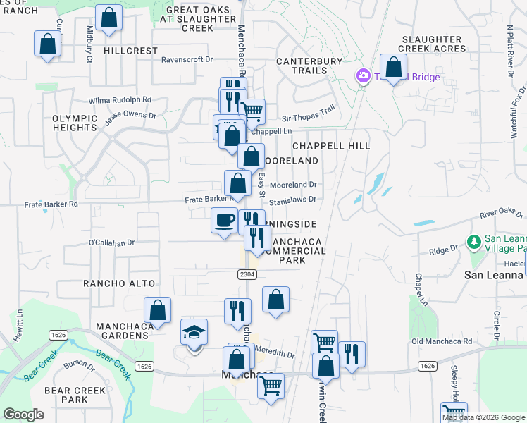 map of restaurants, bars, coffee shops, grocery stores, and more near 11729 Channing Drive in Austin
