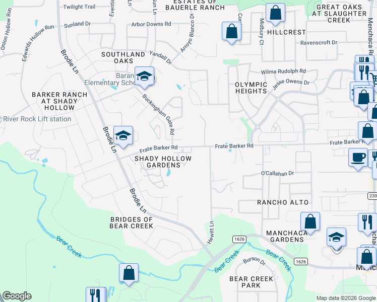 map of restaurants, bars, coffee shops, grocery stores, and more near 12213 Tawny Farms Road in Austin