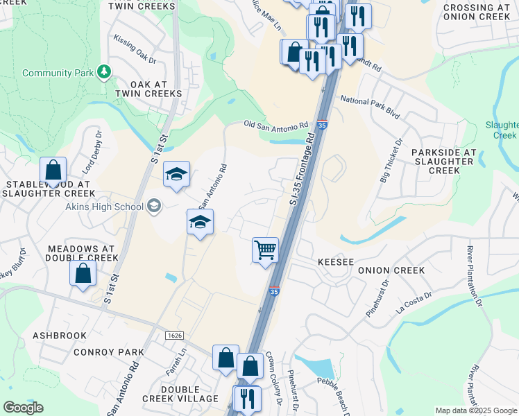 map of restaurants, bars, coffee shops, grocery stores, and more near 10500 South Interstate 35 Frontage Road in Austin