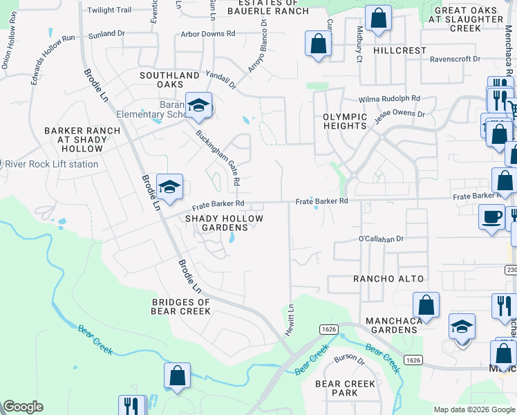 map of restaurants, bars, coffee shops, grocery stores, and more near 12213 Tawny Farms Road in Austin