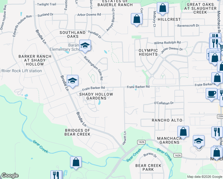 map of restaurants, bars, coffee shops, grocery stores, and more near 12213 Tawny Farms Road in Austin