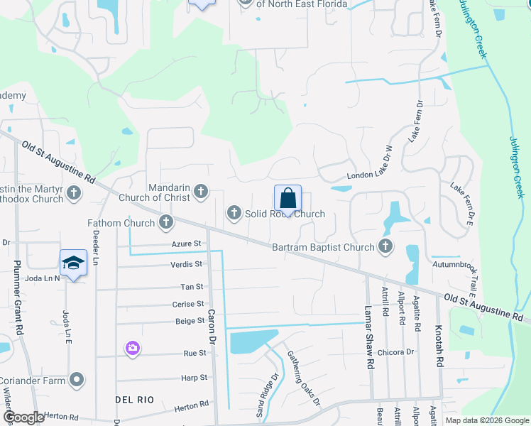 map of restaurants, bars, coffee shops, grocery stores, and more near 12401 Richards Glen Court in Jacksonville