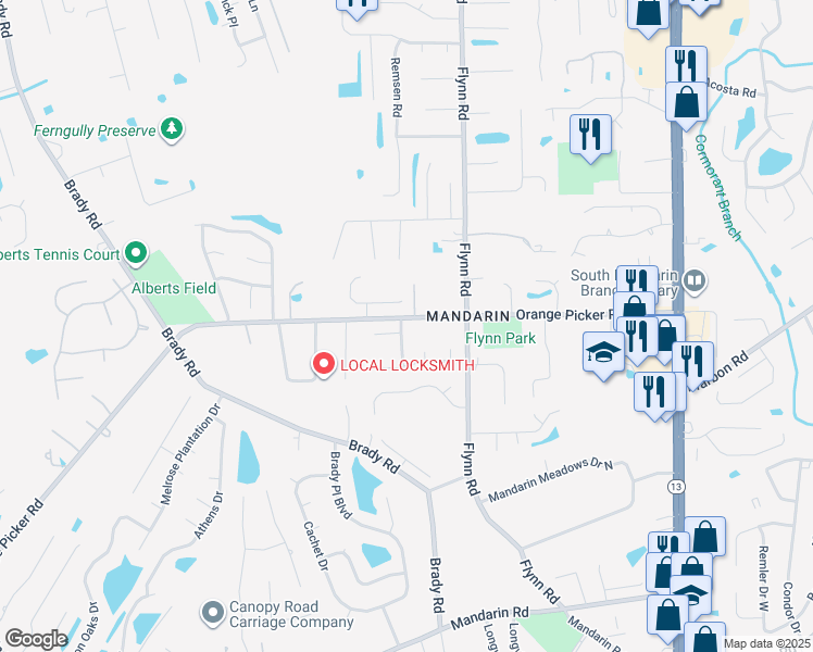 map of restaurants, bars, coffee shops, grocery stores, and more near 12201 Nobleman Drive in Jacksonville