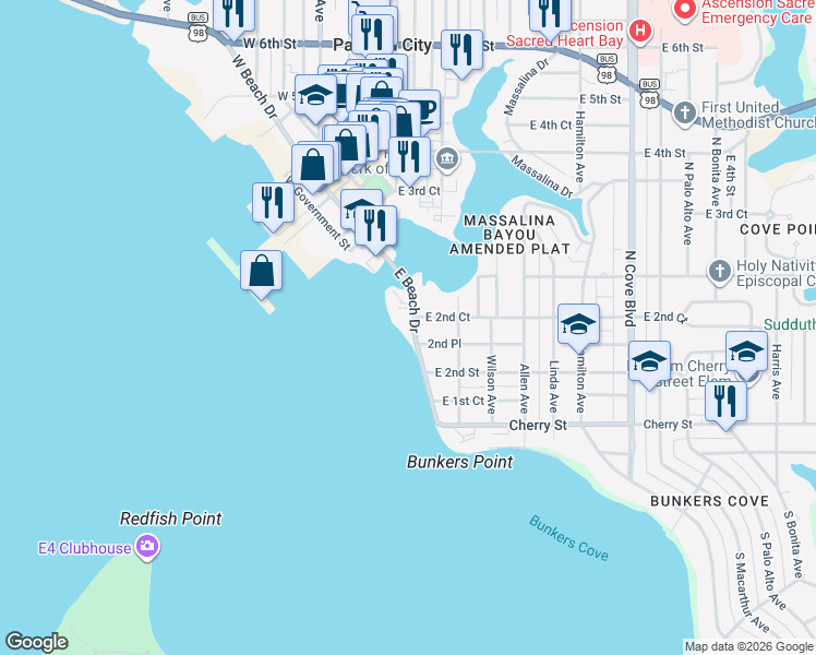 map of restaurants, bars, coffee shops, grocery stores, and more near 428 East Beach Drive in Panama City