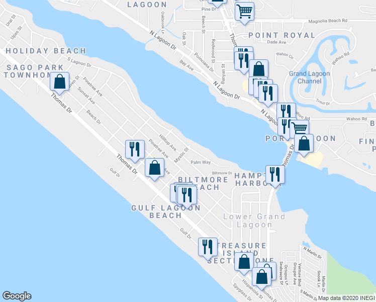 map of restaurants, bars, coffee shops, grocery stores, and more near 5701 Hilltop Avenue in Panama City Beach