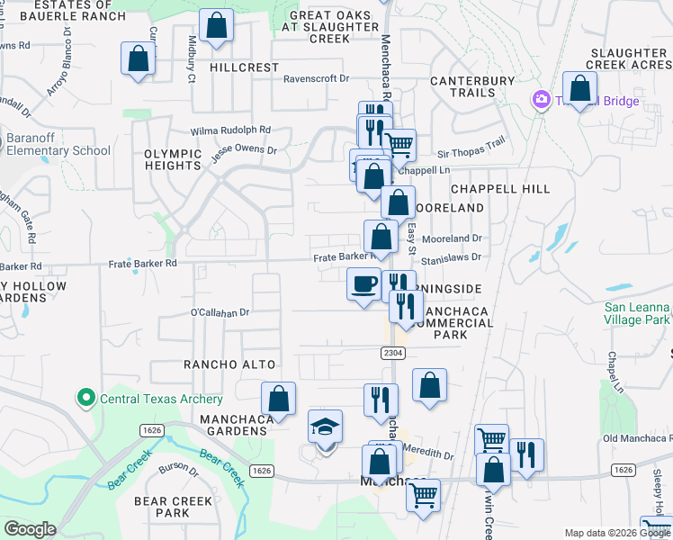 map of restaurants, bars, coffee shops, grocery stores, and more near 1505 Bedlington Lane in Austin