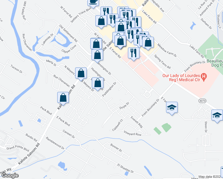 map of restaurants, bars, coffee shops, grocery stores, and more near 201 Paddington Drive in Lafayette