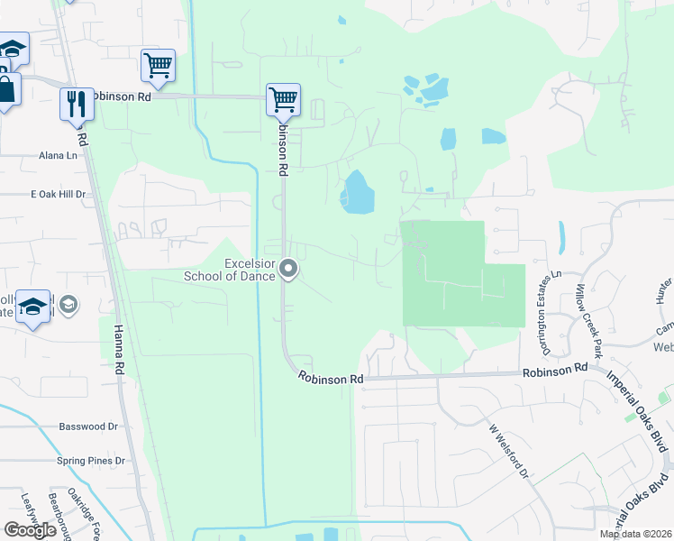 map of restaurants, bars, coffee shops, grocery stores, and more near 28483 Robinson Road in Conroe