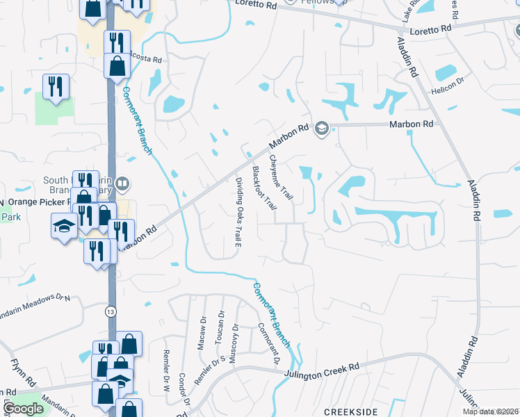 map of restaurants, bars, coffee shops, grocery stores, and more near 12142 Blackfoot Court in Jacksonville