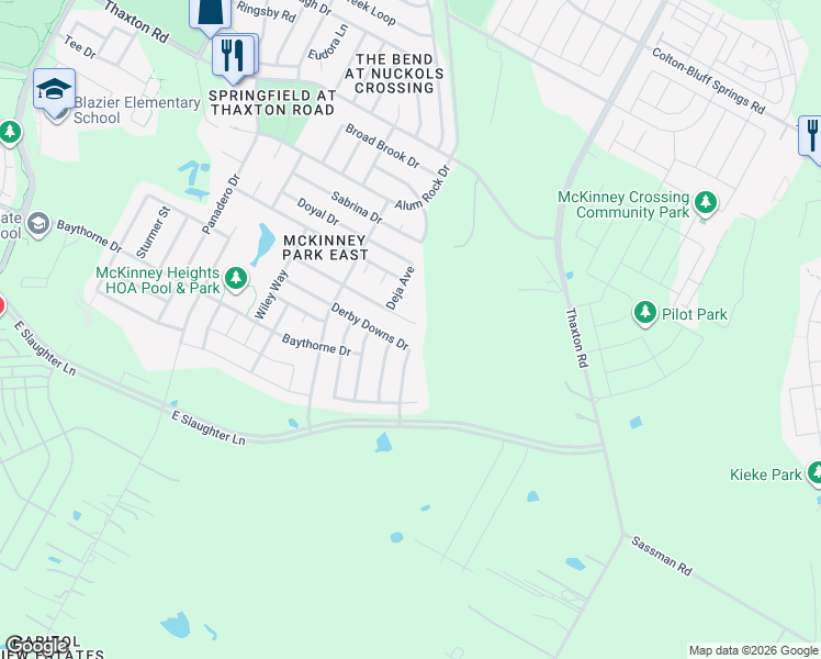 map of restaurants, bars, coffee shops, grocery stores, and more near 7228 Derby Downs Drive in Austin