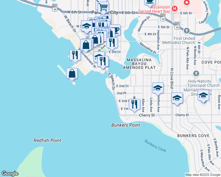 map of restaurants, bars, coffee shops, grocery stores, and more near 422 East Beach Drive in Panama City
