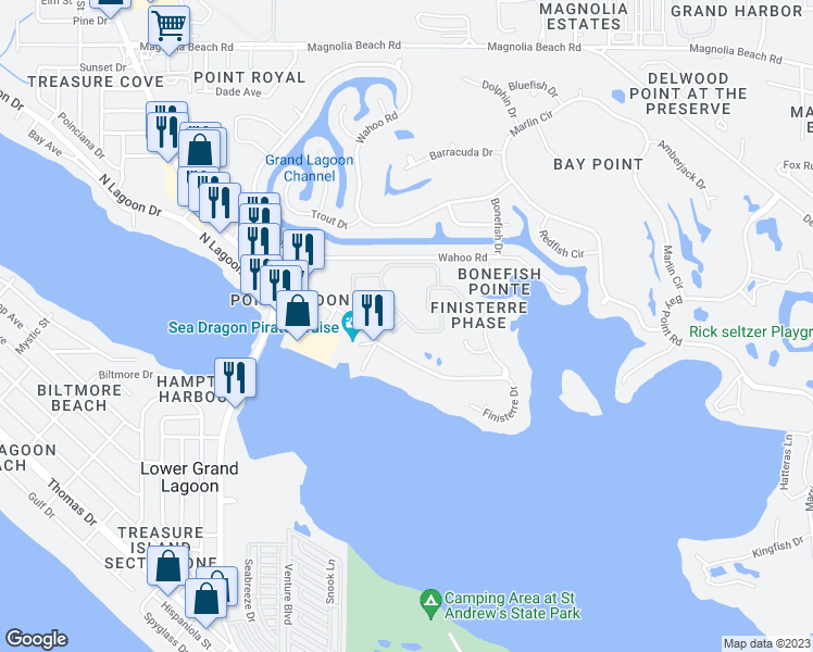 map of restaurants, bars, coffee shops, grocery stores, and more near 3401 Trimingham Lane in Panama City Beach