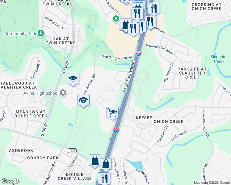 map of restaurants, bars, coffee shops, grocery stores, and more near 10500 South Interstate 35 Frontage Road in Austin