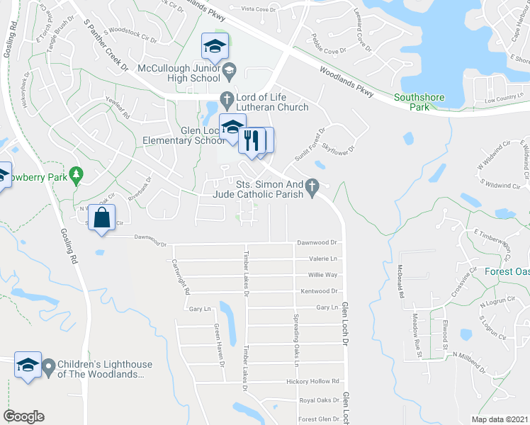 map of restaurants, bars, coffee shops, grocery stores, and more near 26411 Pine Canyon Drive in Spring