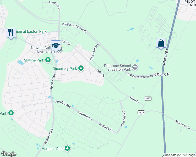 map of restaurants, bars, coffee shops, grocery stores, and more near 7717 Ellas Inlet Drive in Austin