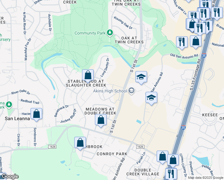 map of restaurants, bars, coffee shops, grocery stores, and more near 10800 Old San Antonio Rd in Austin