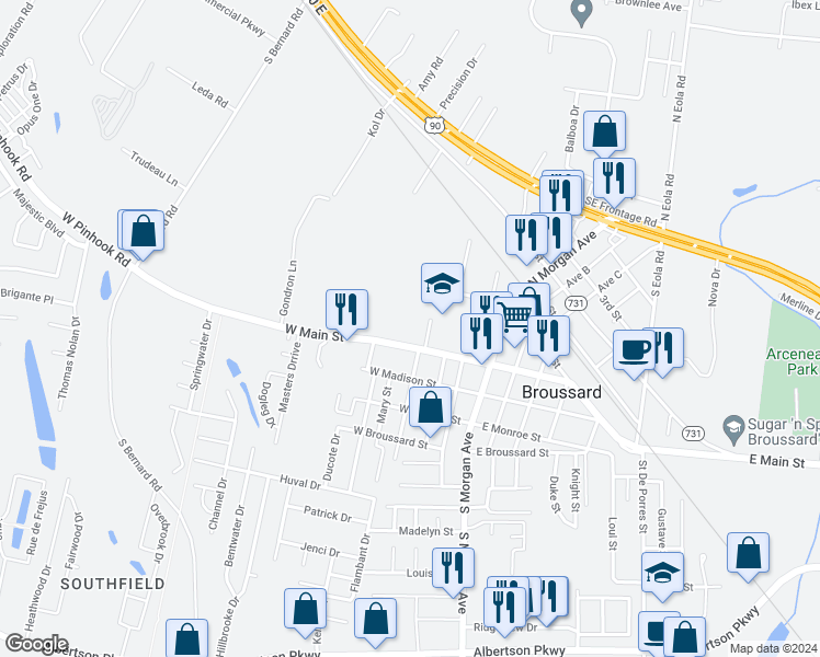 map of restaurants, bars, coffee shops, grocery stores, and more near 408 West Main Street in Broussard