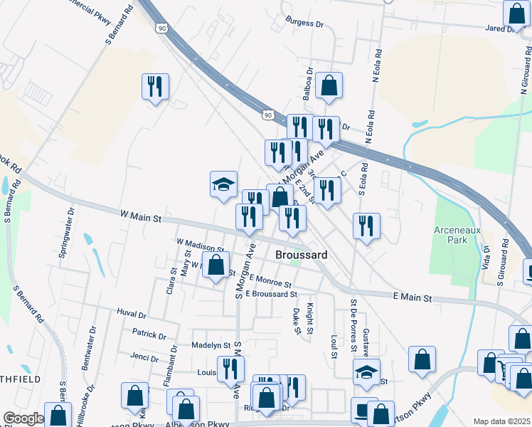 map of restaurants, bars, coffee shops, grocery stores, and more near 118 North Morgan Avenue in Broussard