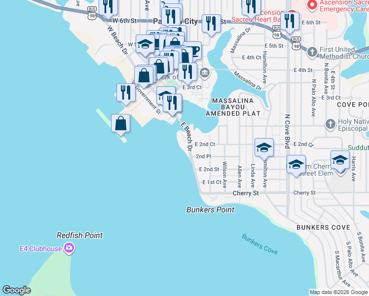 map of restaurants, bars, coffee shops, grocery stores, and more near 305 East Beach Drive in Panama City