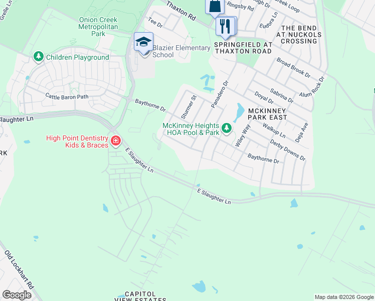 map of restaurants, bars, coffee shops, grocery stores, and more near 6429 Kedington Street in Austin