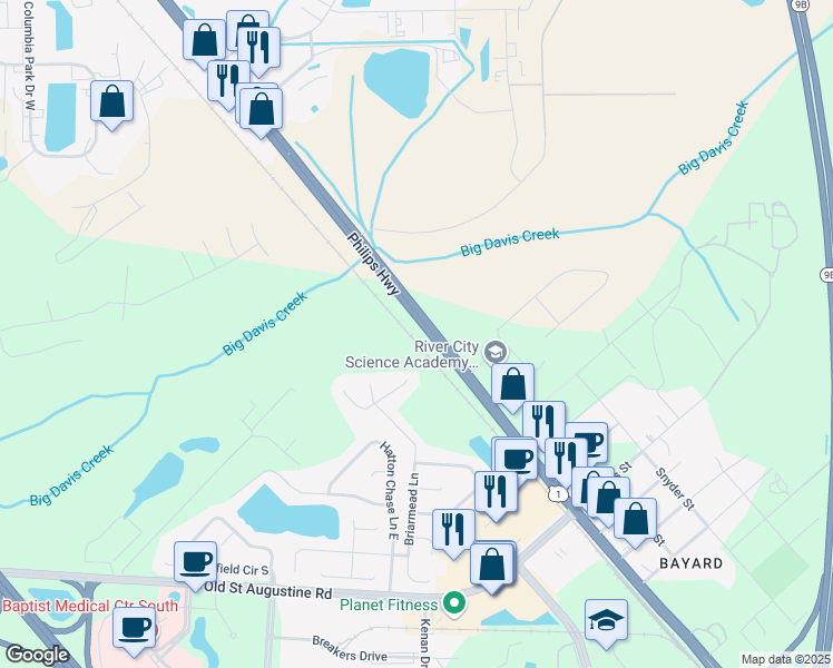 map of restaurants, bars, coffee shops, grocery stores, and more near 12190 Philips Highway in Jacksonville