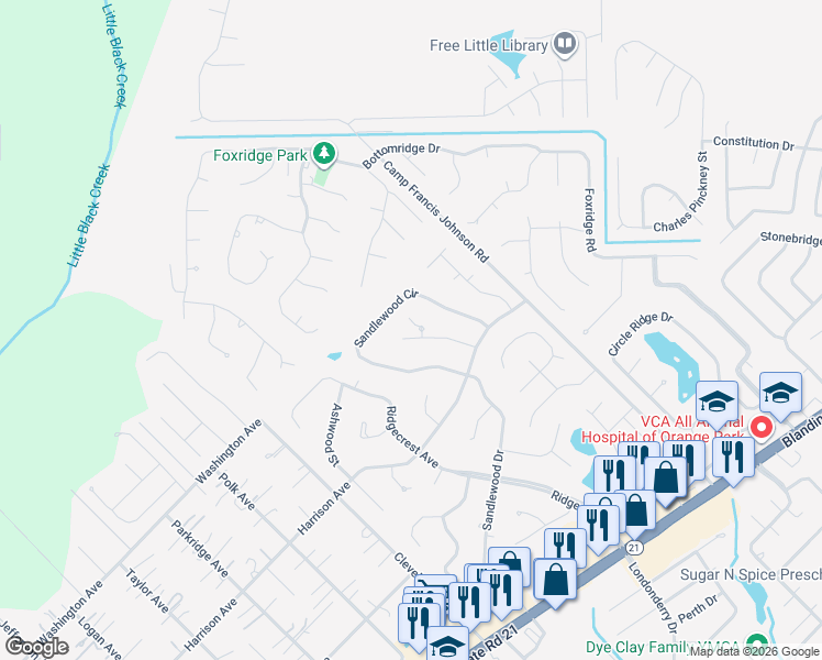 map of restaurants, bars, coffee shops, grocery stores, and more near 2624 Sandlewood Circle in Orange Park