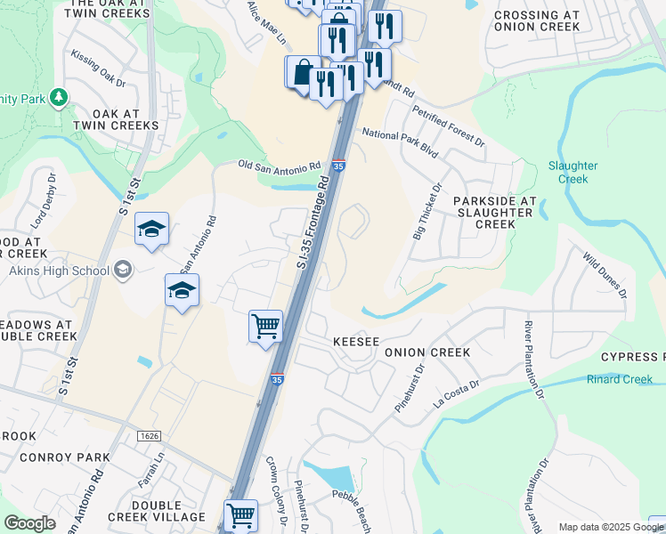 map of restaurants, bars, coffee shops, grocery stores, and more near 10505 South Interstate 35 Frontage Road in Austin