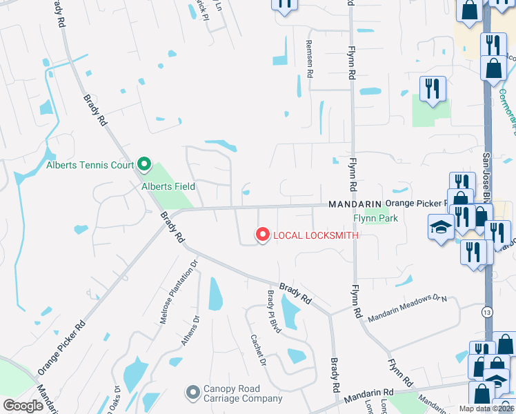 map of restaurants, bars, coffee shops, grocery stores, and more near Orange Picker Rd & Governors Dr E in Jacksonville